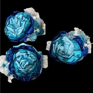 Large oversized big blue flowers headband bows lace satin ribbon hair accessory